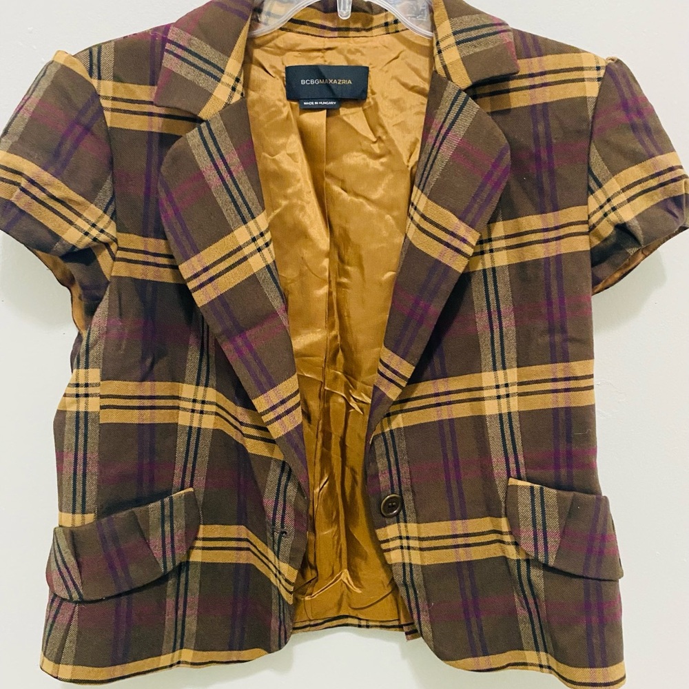 BCBGMaxAzria Multicolor Plaid Short Sleeve Blazer